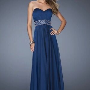 Navy Blue La Femme Pleated Beaded Chiffon Evening Prom Formal Gown.